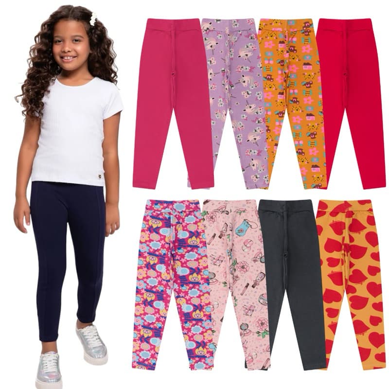 Kit 3 Calça Legging Infantil Menina Bebe Juvenil de Cotton Algodão