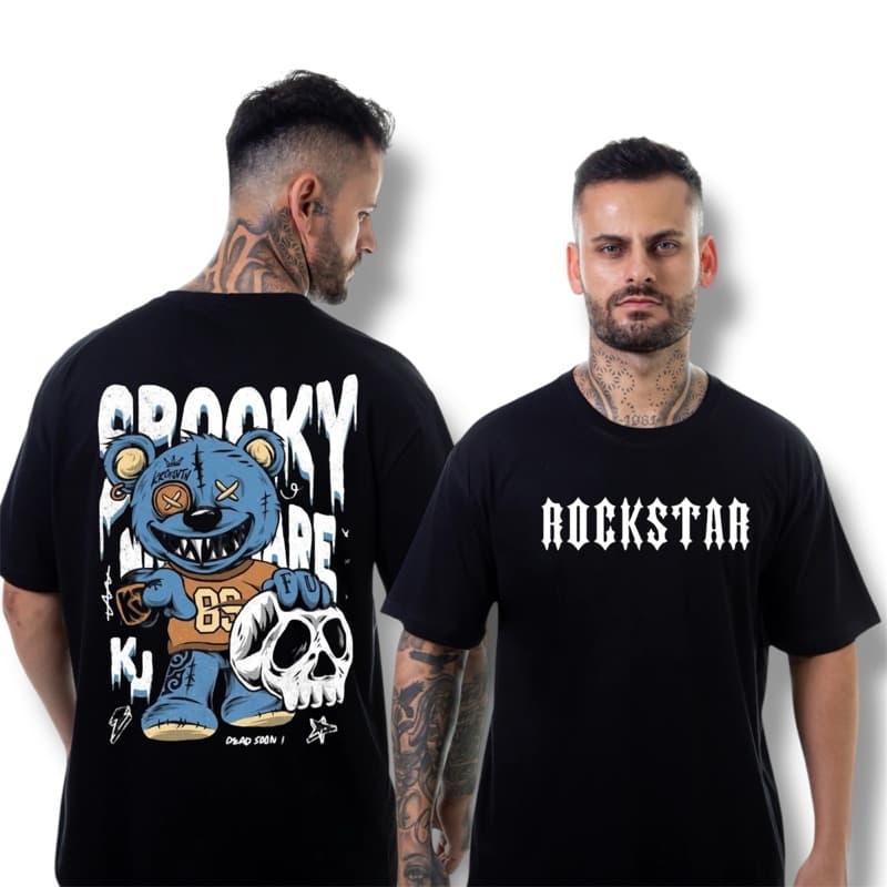 Camiseta Camisa Oversized Blusão Machão Slim Algodão Treino Streetwear Unissex Rockstar Preto Estampado