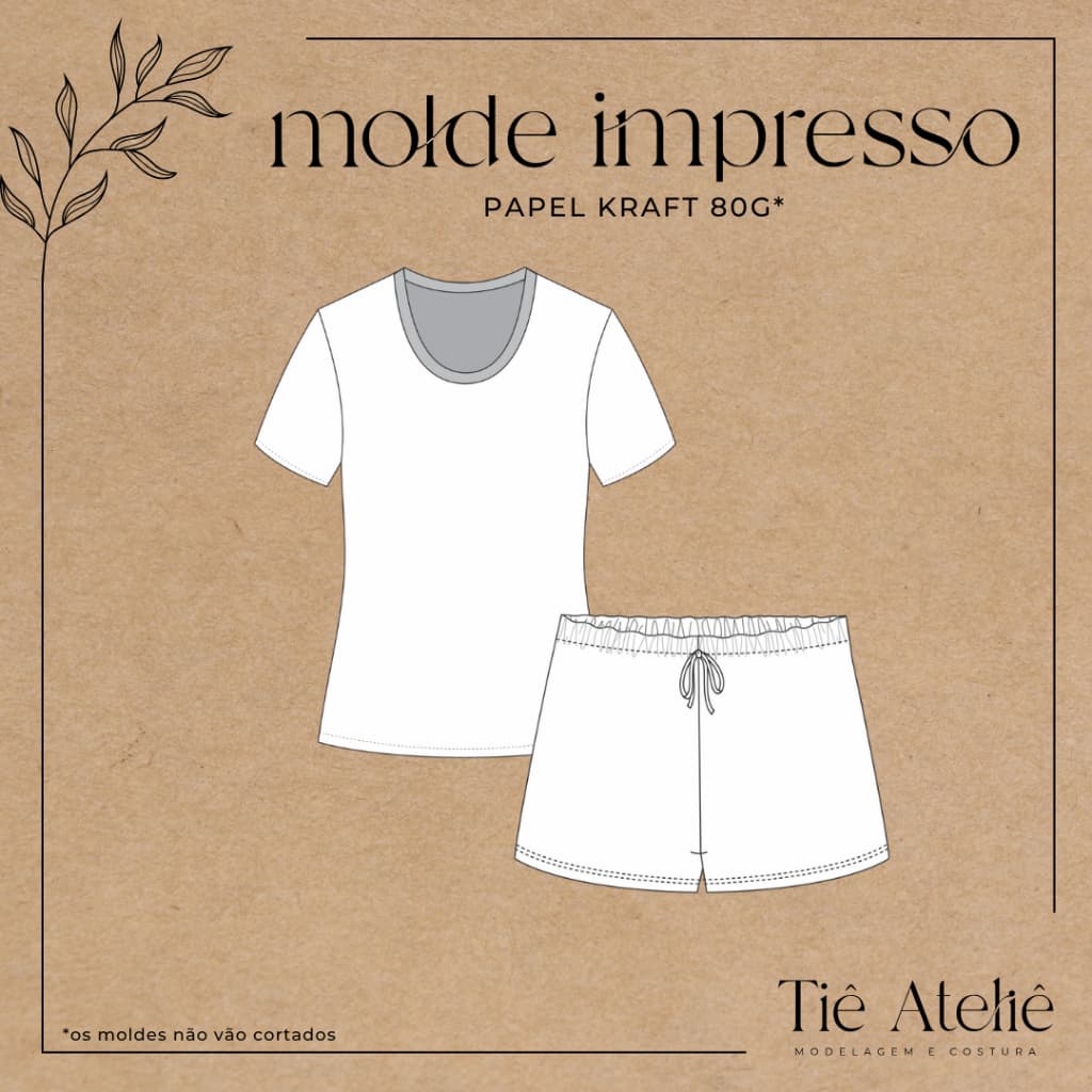 MOLDE EM PAPEL KRAFT DE PIJAMA FEMININO CURTO PARA COSTURA MODELAGEM EM PAPEL KRAFT