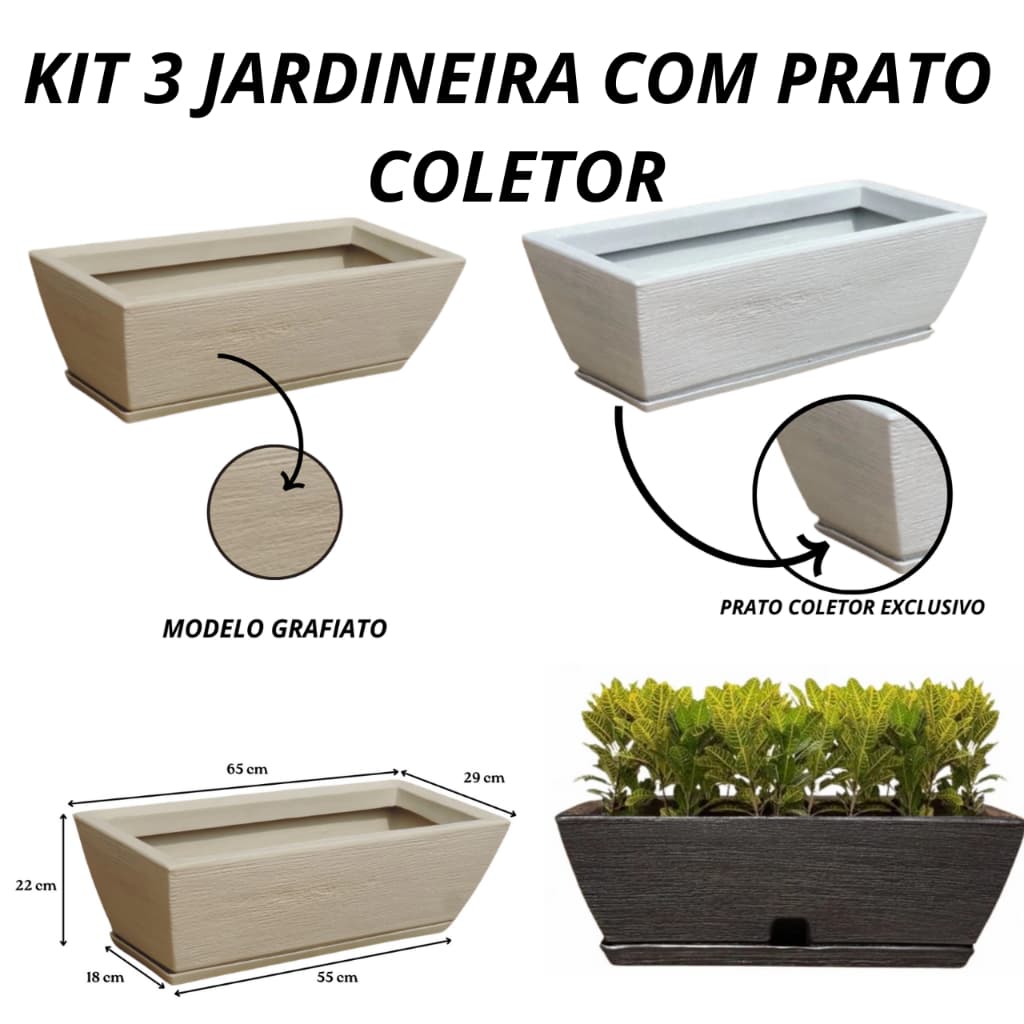 KIT 03 vasos para planta jardineira floreira decorativo casa jardim com prato 65x55x22