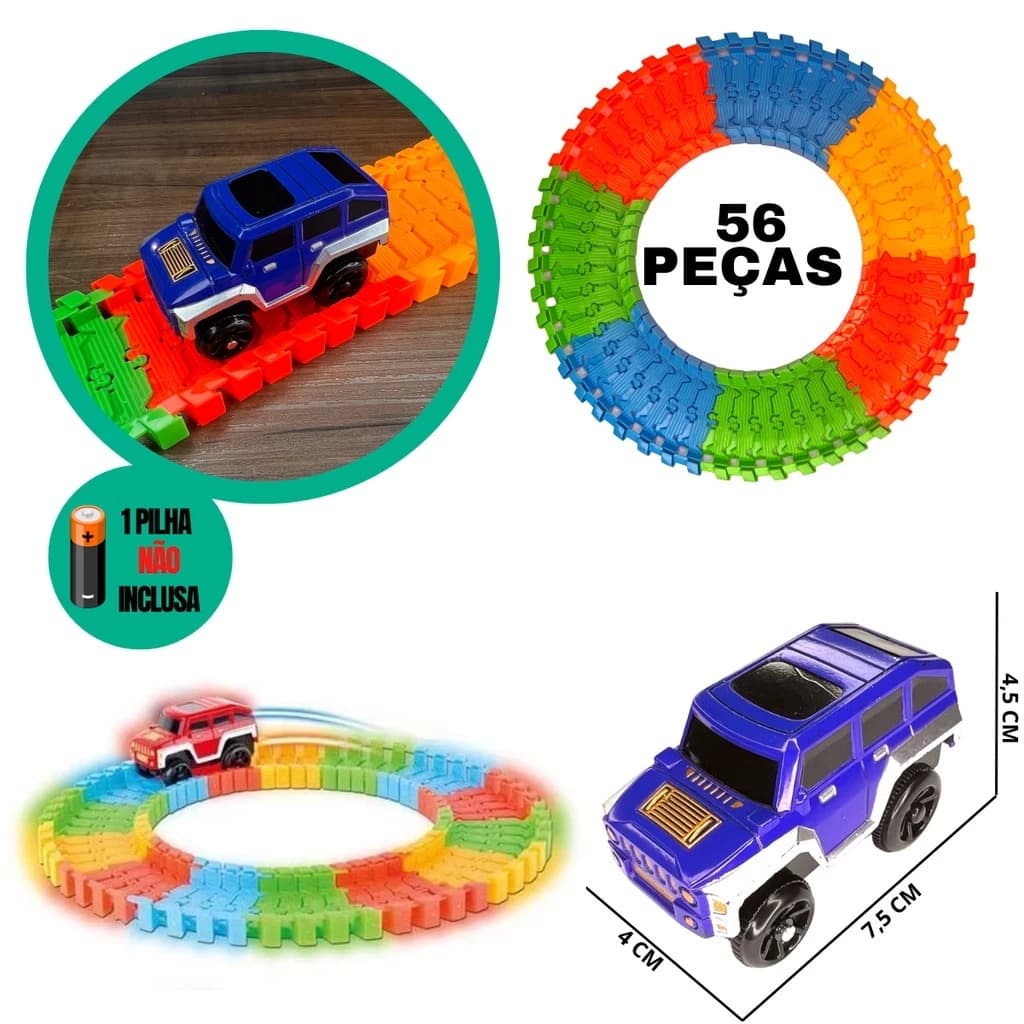 Carrinho Trilha Pista Maluca Pista Flexível Com 56 Bloquinhos Carrinho A Pilha
