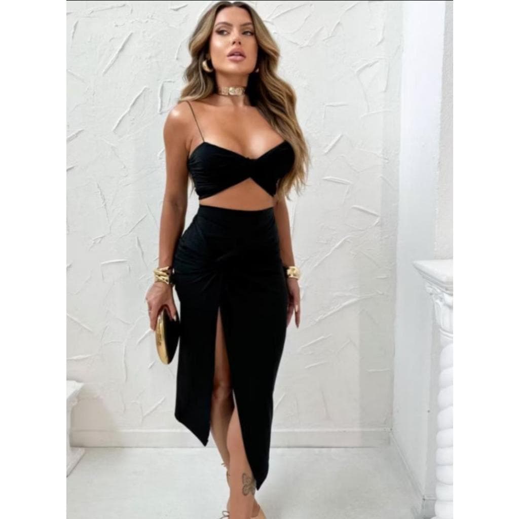 Conjunto Hot Pants 3 Peças Moda Blogueira Com Bojo Saia Com Fenda
