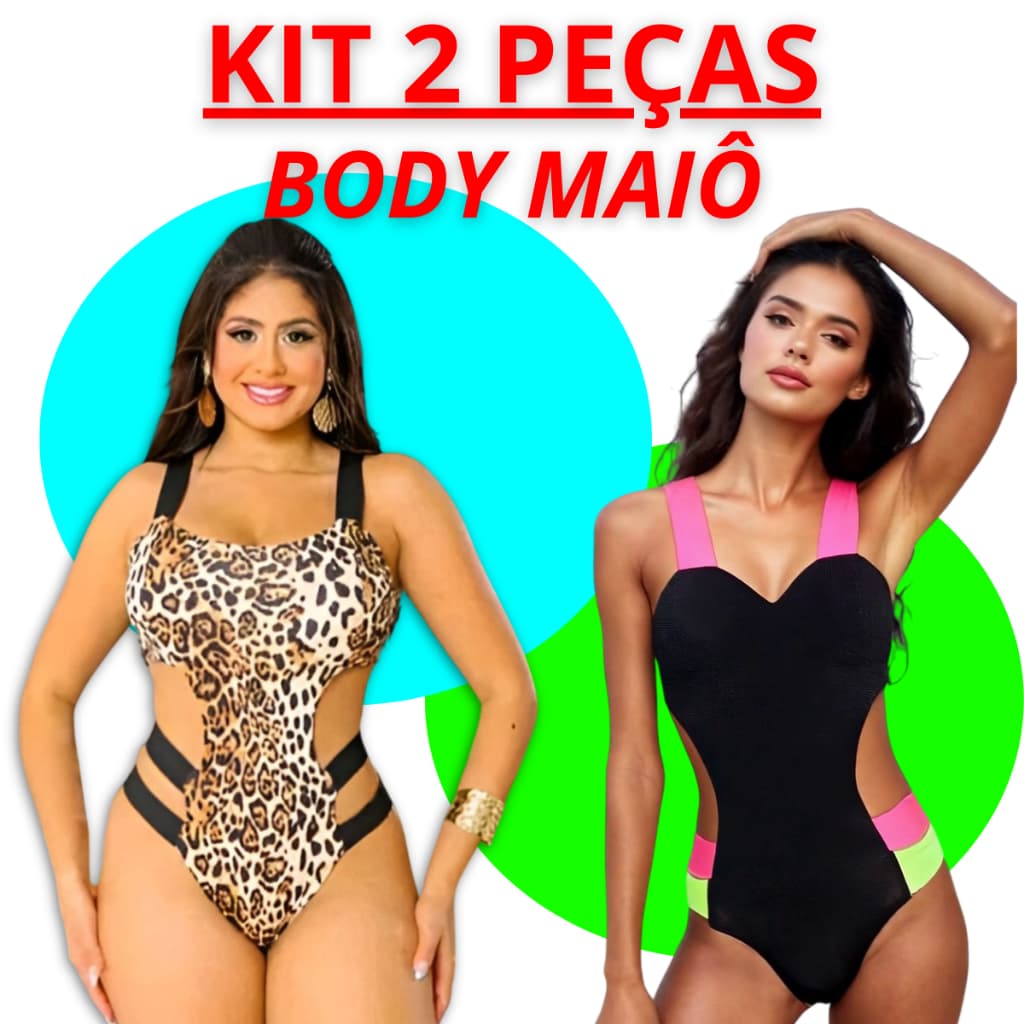 Kit 2 Body Maiô de Amarrar Cavado Biquíni Elegante com Bojo Alças Elástico Neon Engana Mamãe Verão