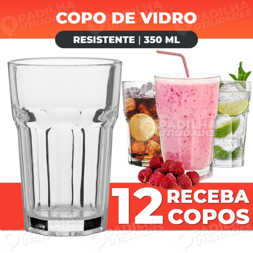 Conjunto kit 6 9 12 Copo 350ml Vidro Grosso Bristol Bar Restaurante Buffet Vitamina Suco Chopp