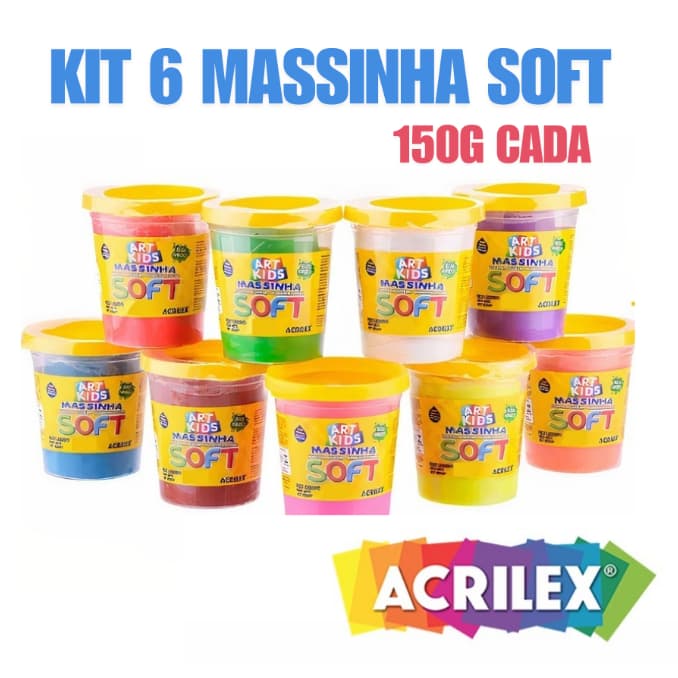 Kit 6 UND Massa/Massinha de Modelar infantil no Pote Cores Sortidas 150g Soft - ACRILEX