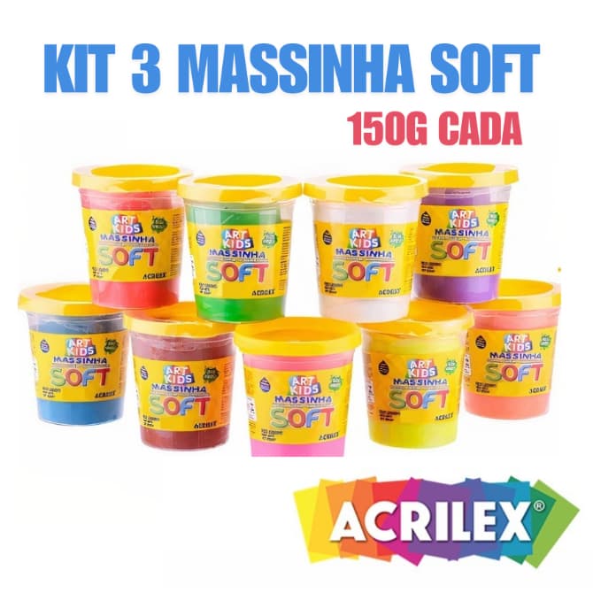 Kit 3 UND Massa/Massinha de Modelar infantil no Pote Cores Sortidas 150g Soft - ACRILEX