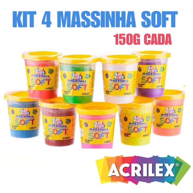 Kit 4 UND Massa/Massinha de Modelar infantil no Pote Cores Sortidas 150g Soft - ACRILEX