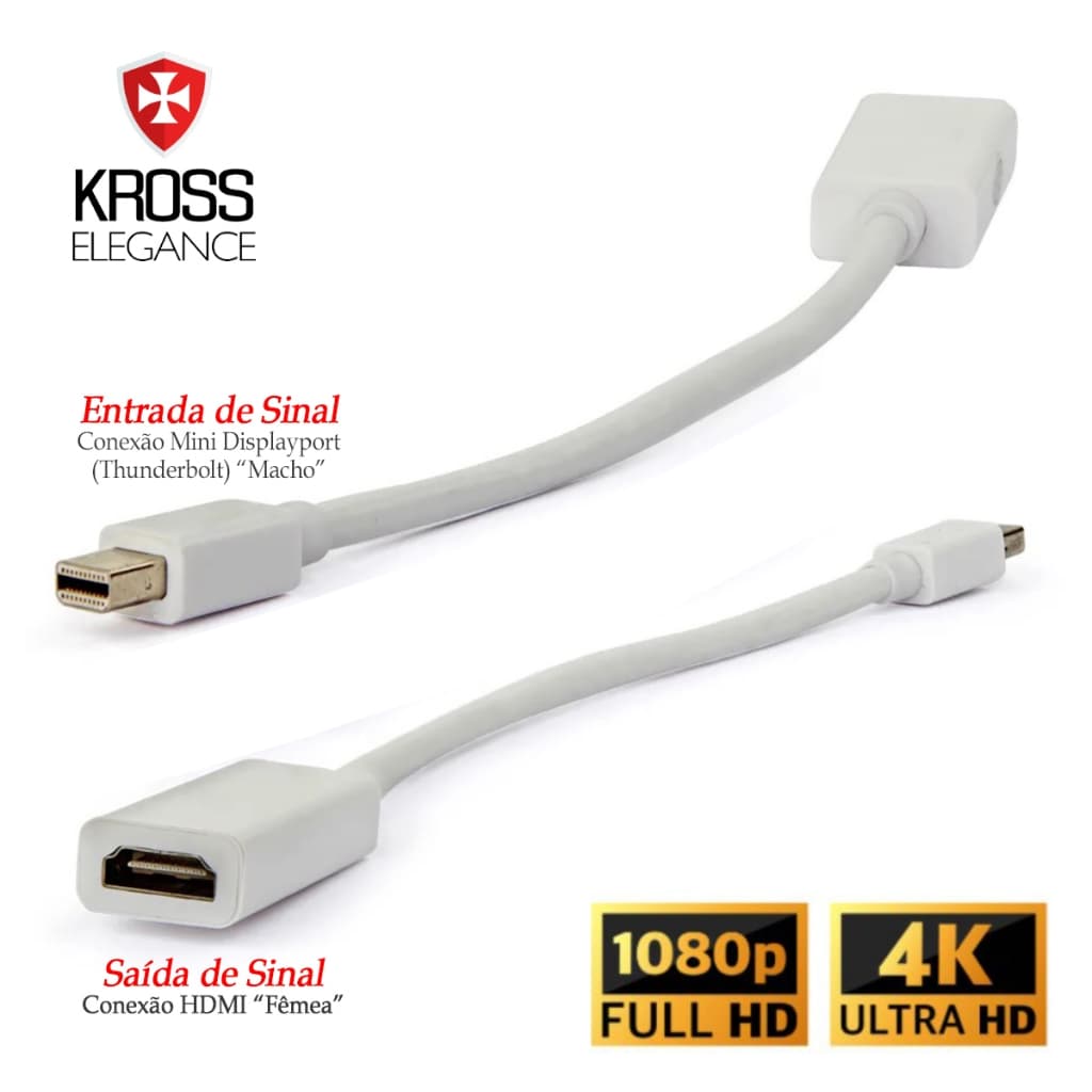 Cabo Adaptador Mini Displayport ( Thunderbolt ) macho P/ HDMI Fêmea - Full HD e 4k