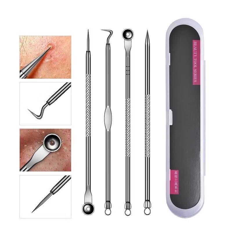 Kit Acne Espinha Extrator De Cravos Profissional Removedor 4 Pçs de Ponta Dupla com Pinça/Extrator/Agulha para Salão