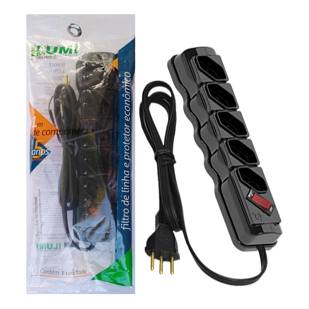 Extensão Régua Filtro De Linha 5 Tomadas Preto Circular Bivolt 10a 3p