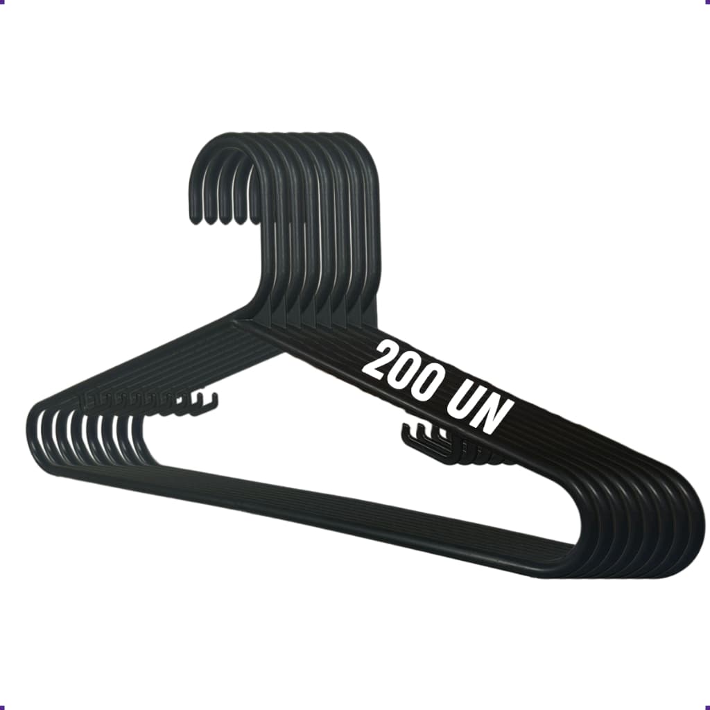 Cabide Adulto Preto Kit 200 Cabides Plastico Reforçado Resistente