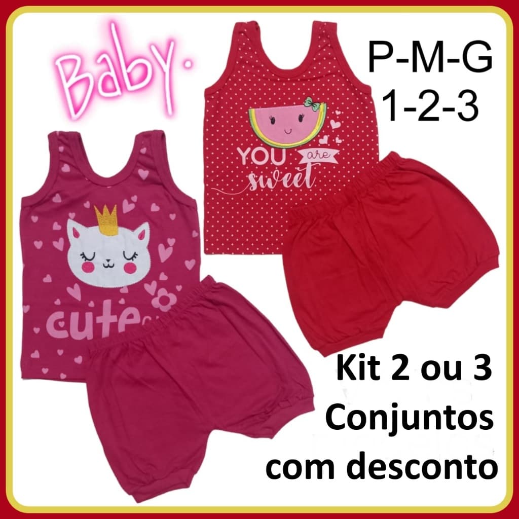 1, 2 ou 3 Conjunto Camiseta Regata bordada e Short Verão Bebê Infantil Menina P -M - G -1 - 2 - 3