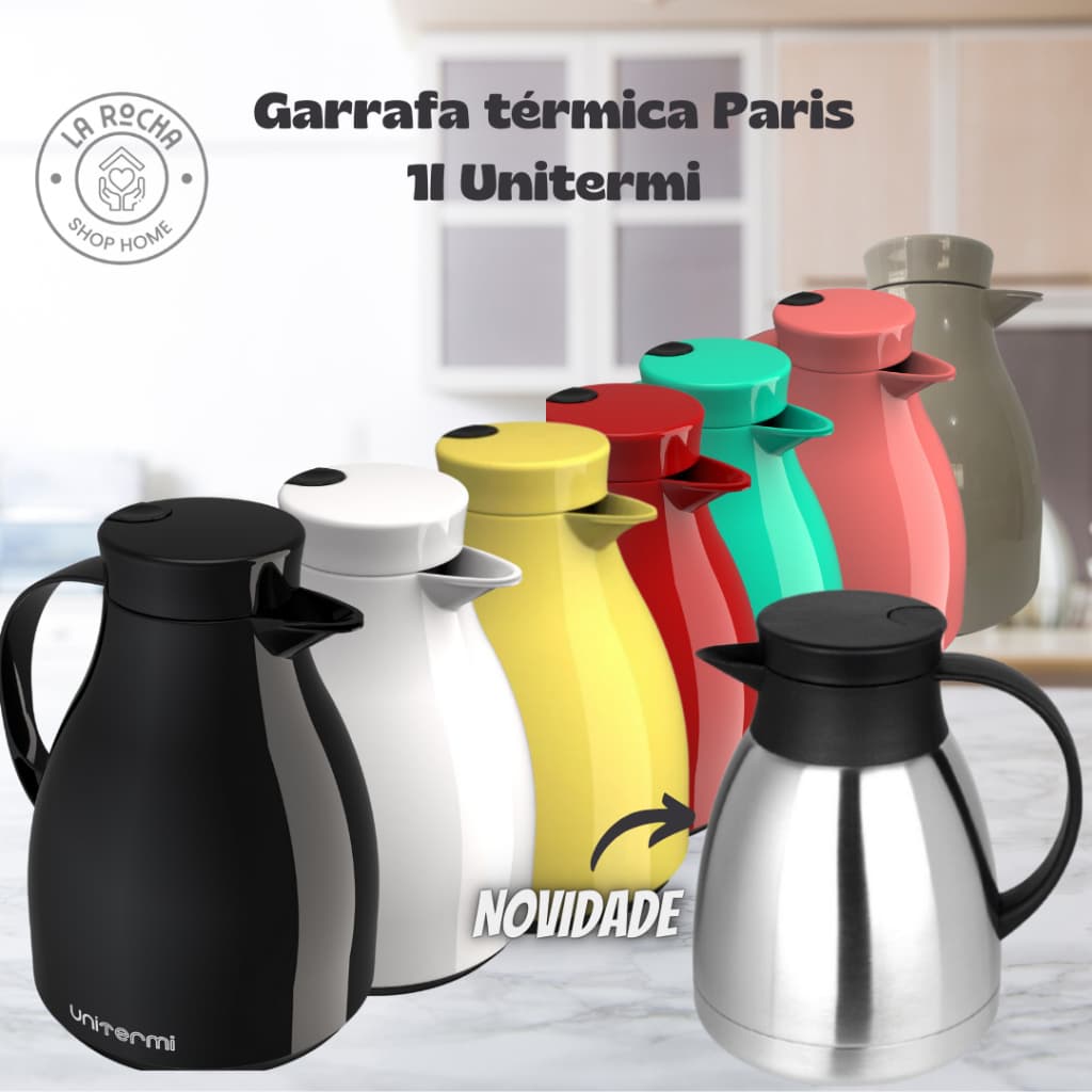 Garrafa Térmica Com Gatilho Paris 1L Unitermi Café Chá Água - Varias Cores e Inox