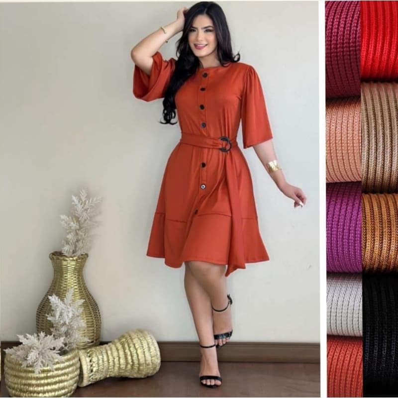 Vestido feminino gode midi vestido rodado com botão moda evangélica com manga
