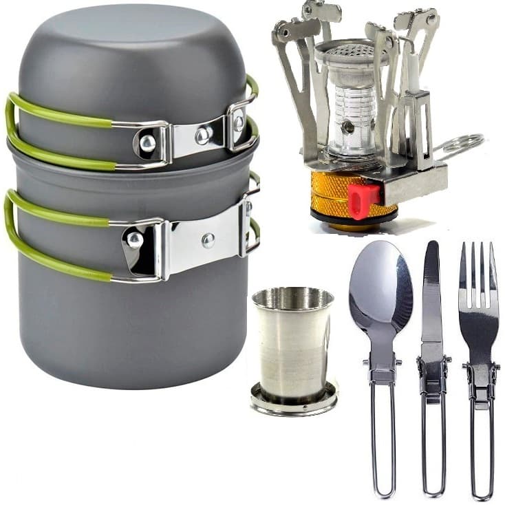 Kit Cozinha Portátil para Camping - Conjunto Panela 2 Peças+  Mini Fogareiro M1+ Talheres+ Copo Dobr