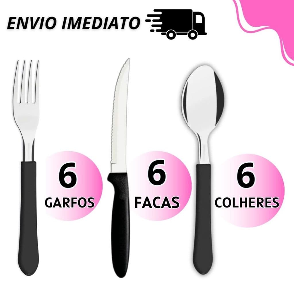 Jogo de Talheres 18 peças Aço Inox Cabo Preto 6 Facas 6 Garfos 6 Colheres Talheres de Mesa