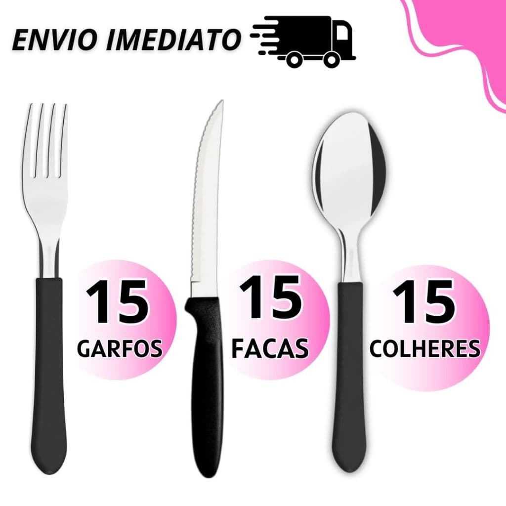 Jogo de Talheres 45 peças Aço Inox Cabo Preto 15 Facas 15 Garfos 15 Colheres Talheres de Mesa