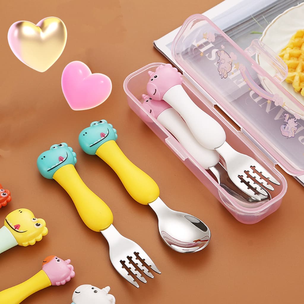 Talher Garfo Colher Infantil Com Estojo Aço Inox 304 Unicórnio Dinossauro