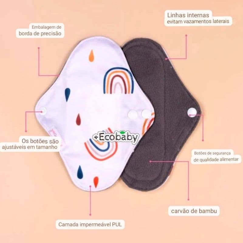 Absorvente Feminino Ecológico menstrual em Carvão de Bambu, Reutilizável para Menstruação ou Incontinência leve.