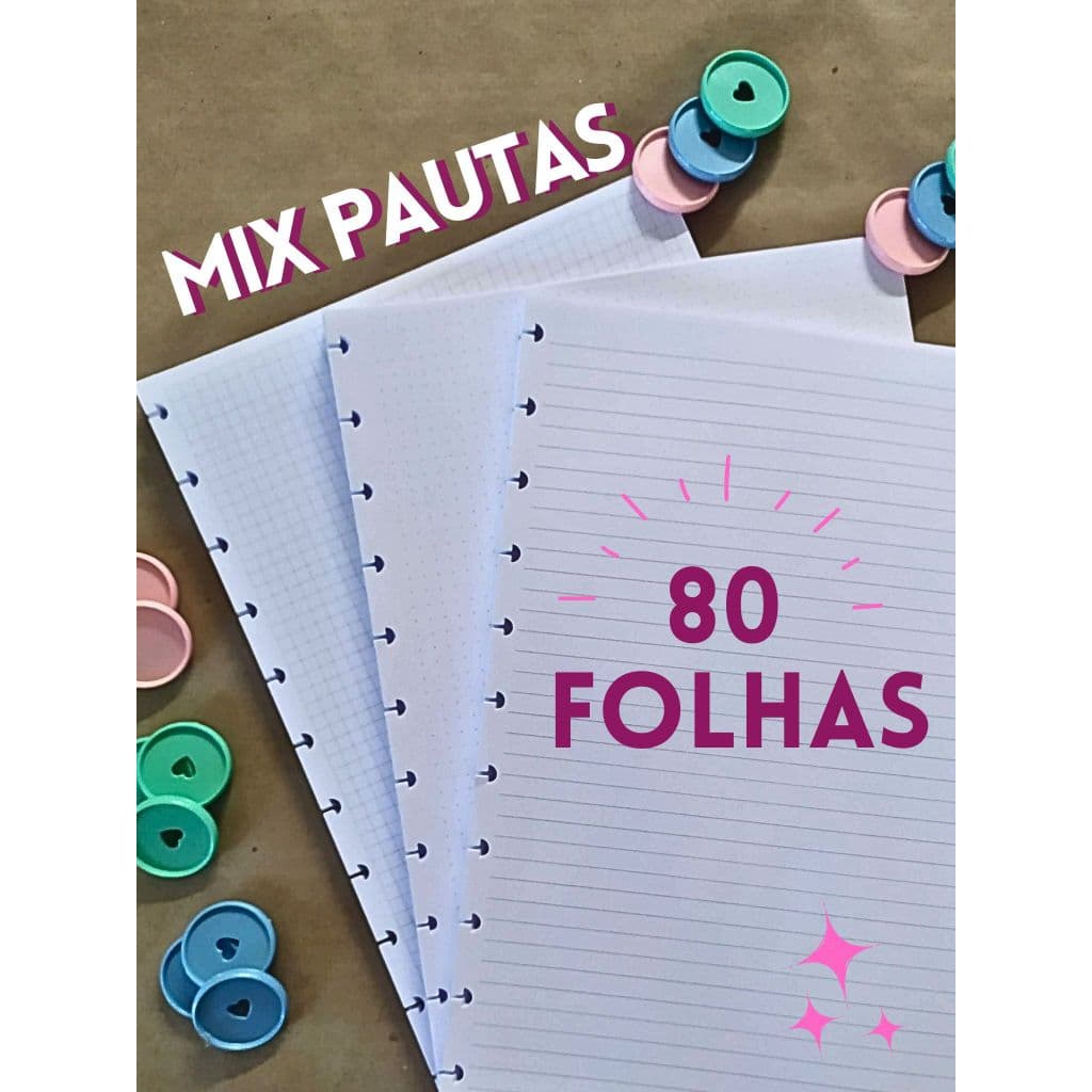 Refil de Folhas Caderno Inteligente/Discos-MIX de Pautas 80 FOLHAS Pautado,pontilhado e quadriculado Offset 90g
