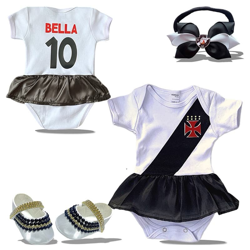 Body de Bebê Menina Vasco  Personalizado com Nome + Sapatinho de Strass e Faixinha de Seda RN à 12M