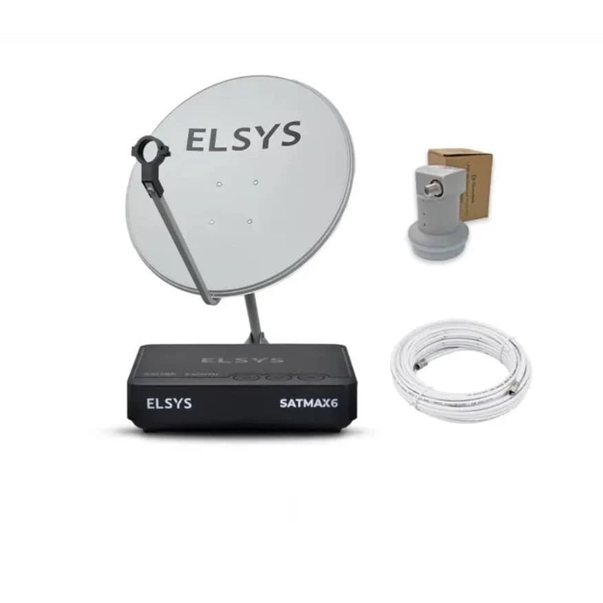 Kit Nova Parabólica Livre Receptor Satmax 6 Elsys c/ Antena Parabólica Digital E Lnb Simples