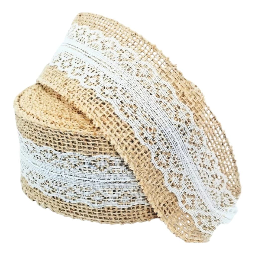 Fita de Juta com Renda Branca  para Artesanato Decoração Lembrancinhas