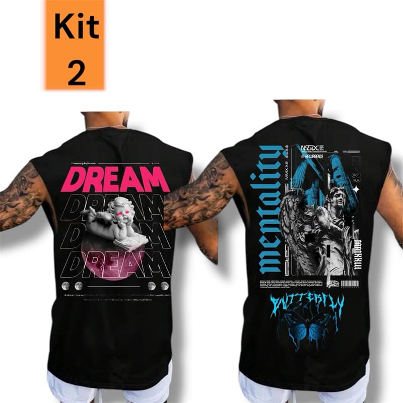 Kit 2 Regatas Oversized Camiseta Academia Estampada Camisa Streetwear Treino Maromba Algodão Alta Qualidade Cavada
