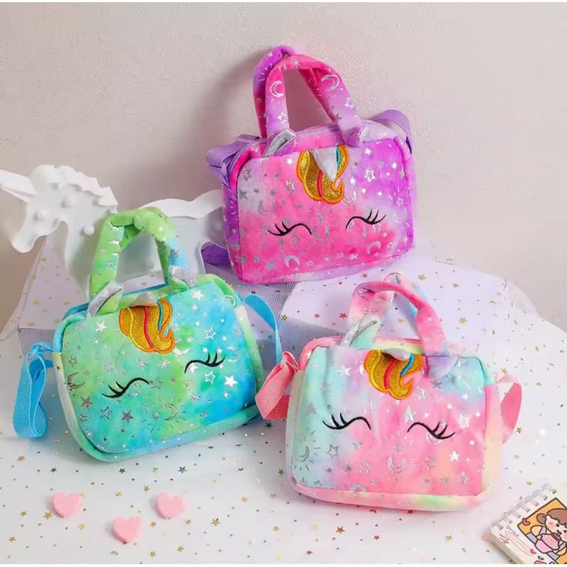 Bolsa infantil unicórnio pelúcia de ombro para menina de 3 a 10 anos presente escola passeio shopping infantil brinquedo