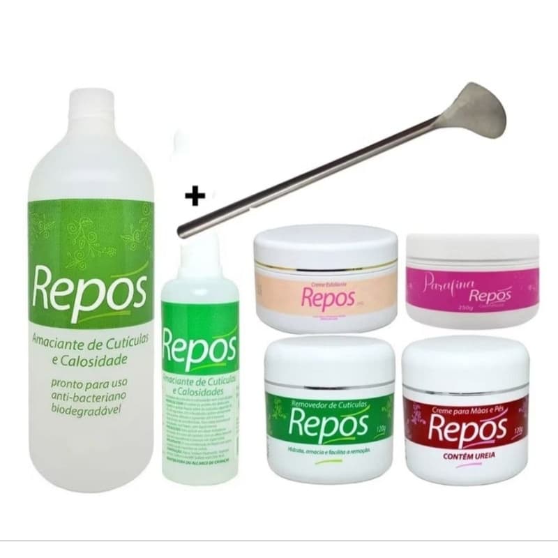 kit Repos Spa Parafina 250g +amaciante 1,1l e 150ml+remov cutícula 120g+ creme ureia 120g+esfoliante 250g+ Espátula