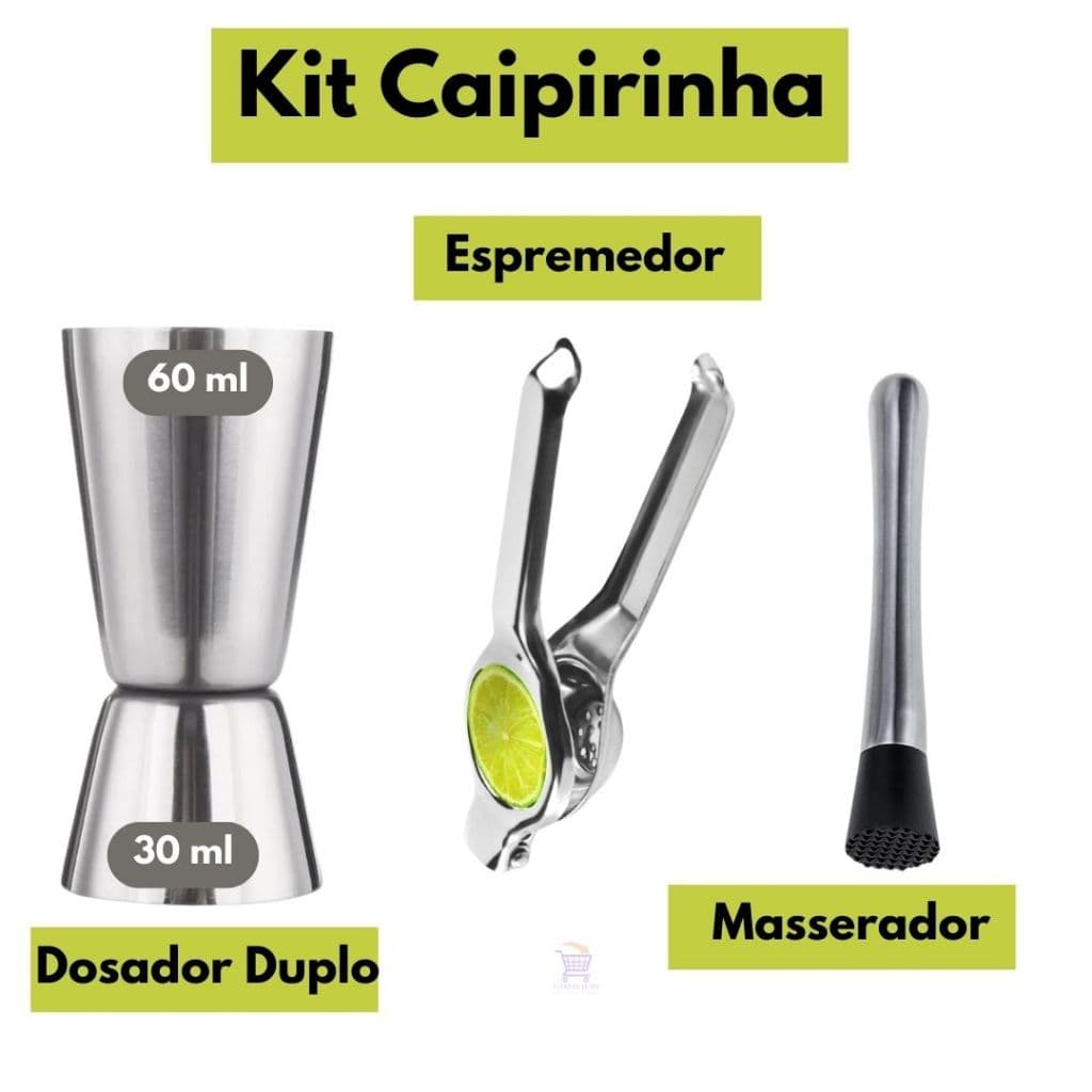 Kit Caipirinha Dosador 30/60 Ml Espremedor E Socador Drinks Whisky Bebidas Festas Promoção