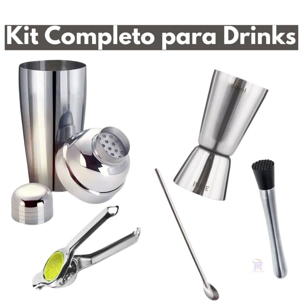Kit Caipirinha Inox 5 Peças - 500ml Profissional Espremedor Coqueteleira Socador Macerador Dosador