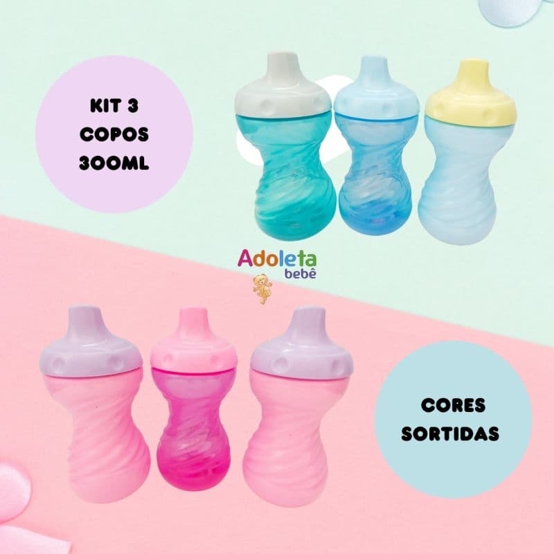 Kit 3 Copo de Transição para Bebê Bico Rígido Adoleta Bebê 300ml