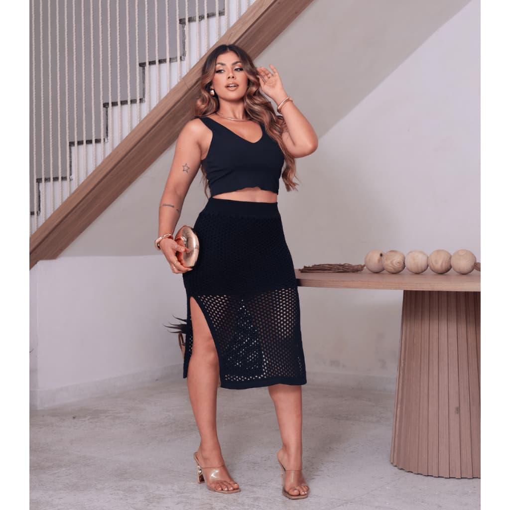 Saia Midi Tendência Fenda Lateral Modal Tricot Verão Moda Praia