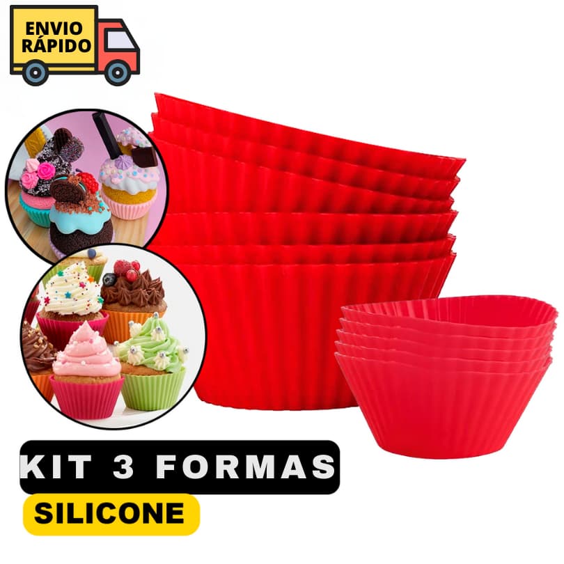 Forminhas Kit 3 Formas Assadeira De Silicone Cupcake Bolo Formatos Cores Sortidas Para Mini Bolinhos