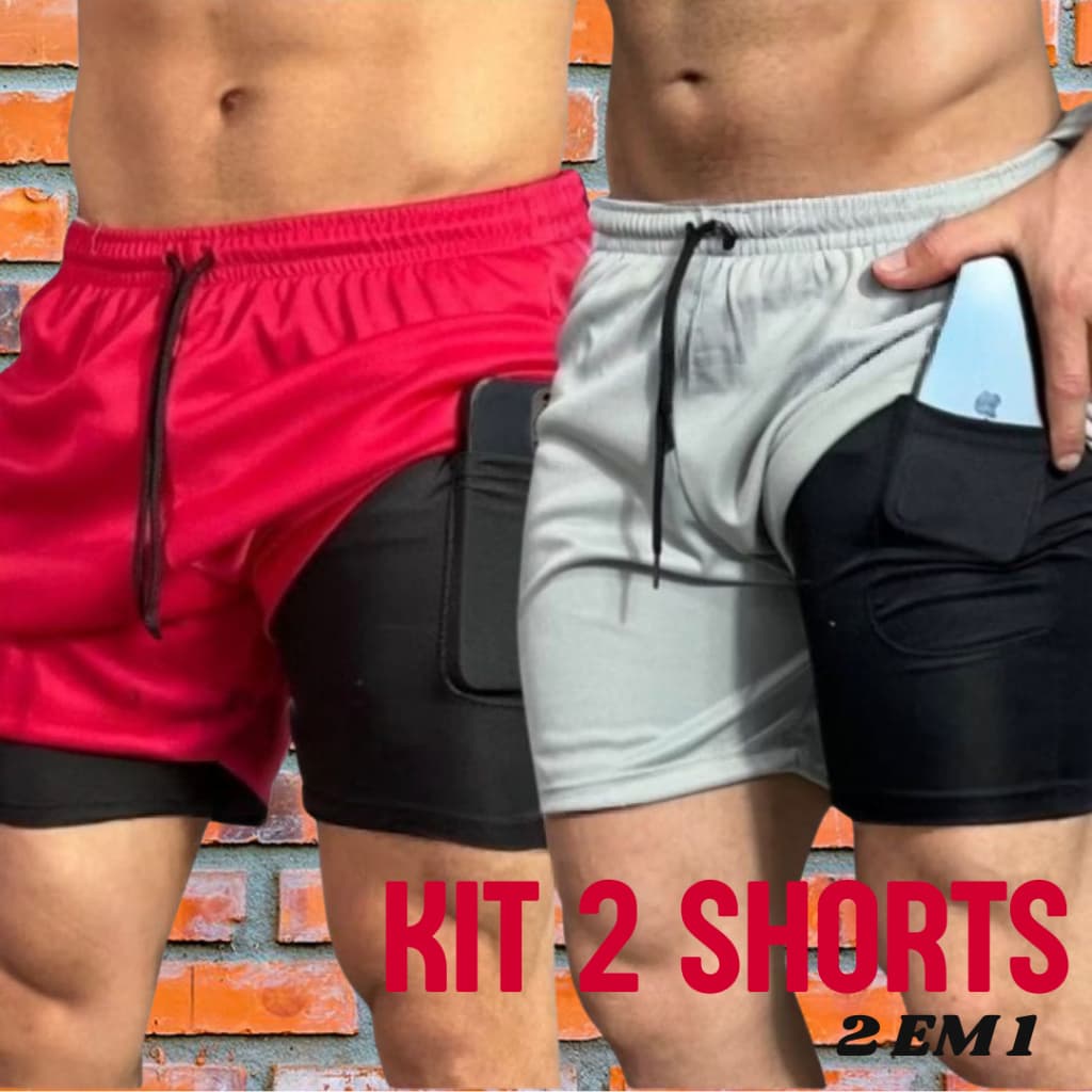 KIT 2 BERMUDAS SHORTS 2 EM 1 MASCULINO PARA TREINO ACADEMIA CORRIDA BERMUDA DUPLA COM BOLSO INTERNO