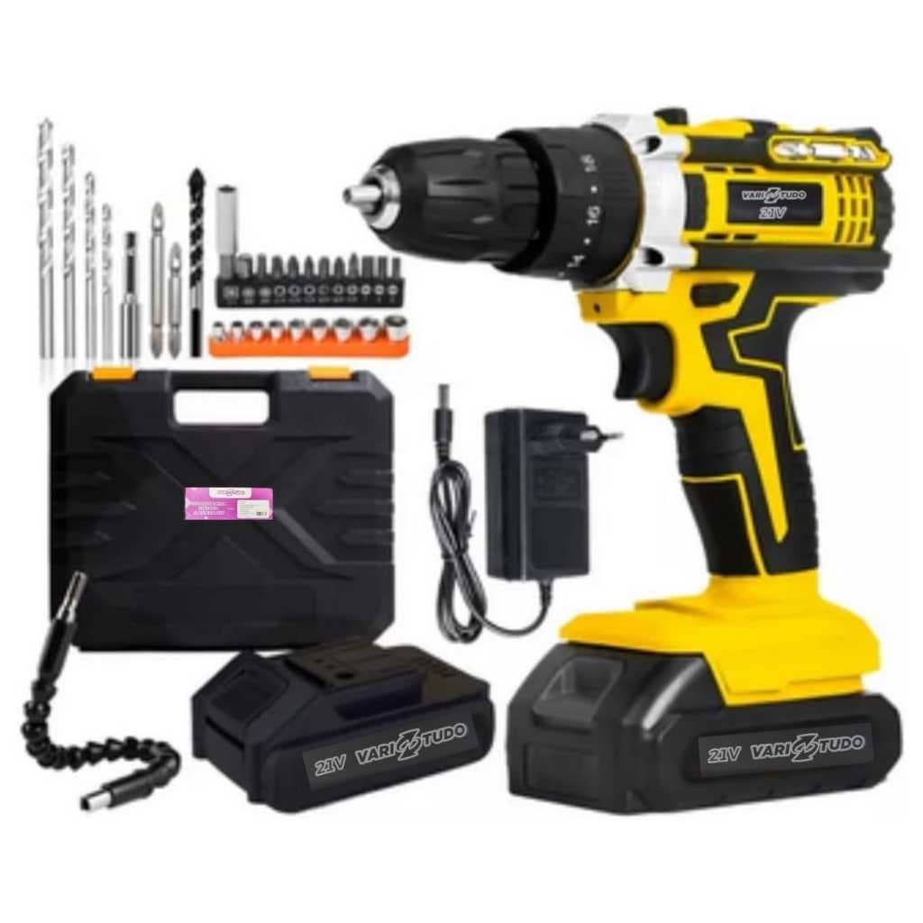 Furadeira Sem Fio e Parafusadeira de Impacto 21V com LED, 2 Baterias 32 acessórios Maleta