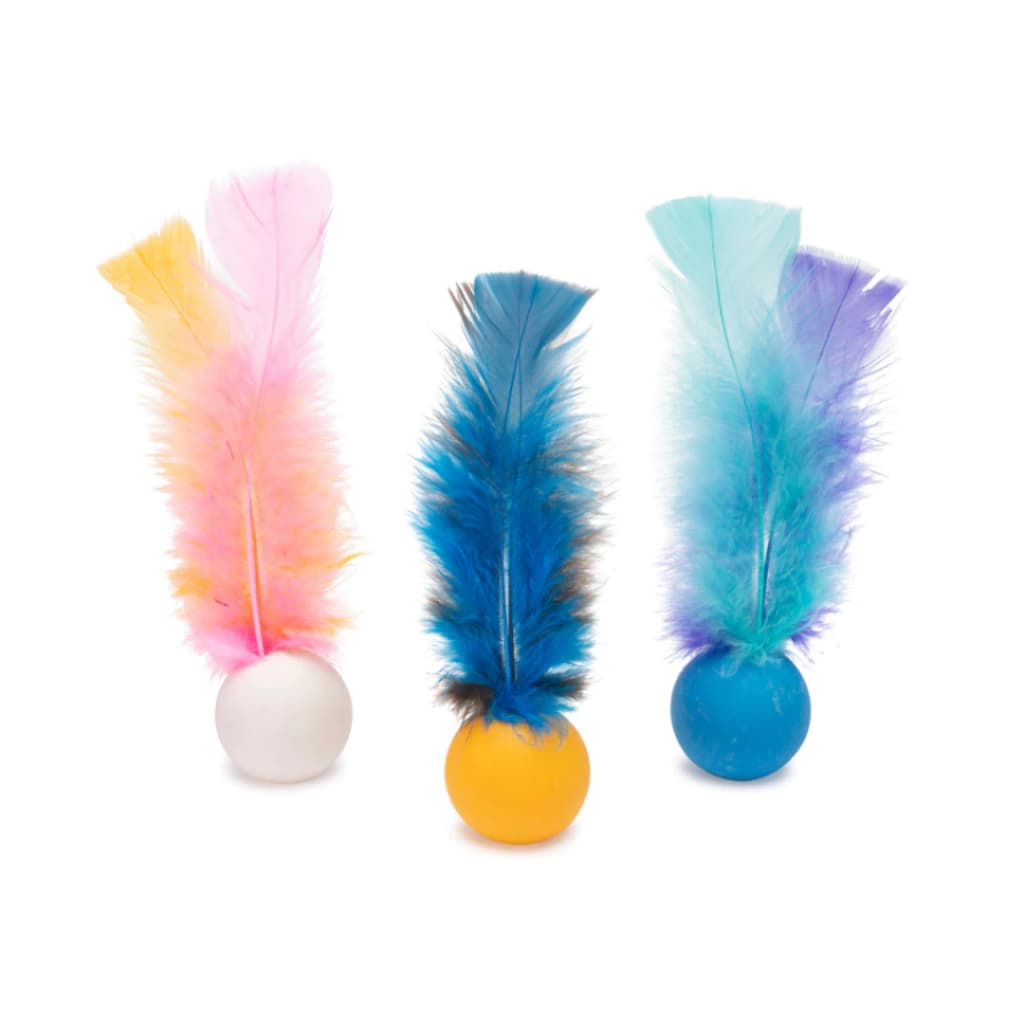 Kit com 3 Brinquedo Bolinha para Gatos Ping Penas - Bolinhas Coloridas com Chocalho
