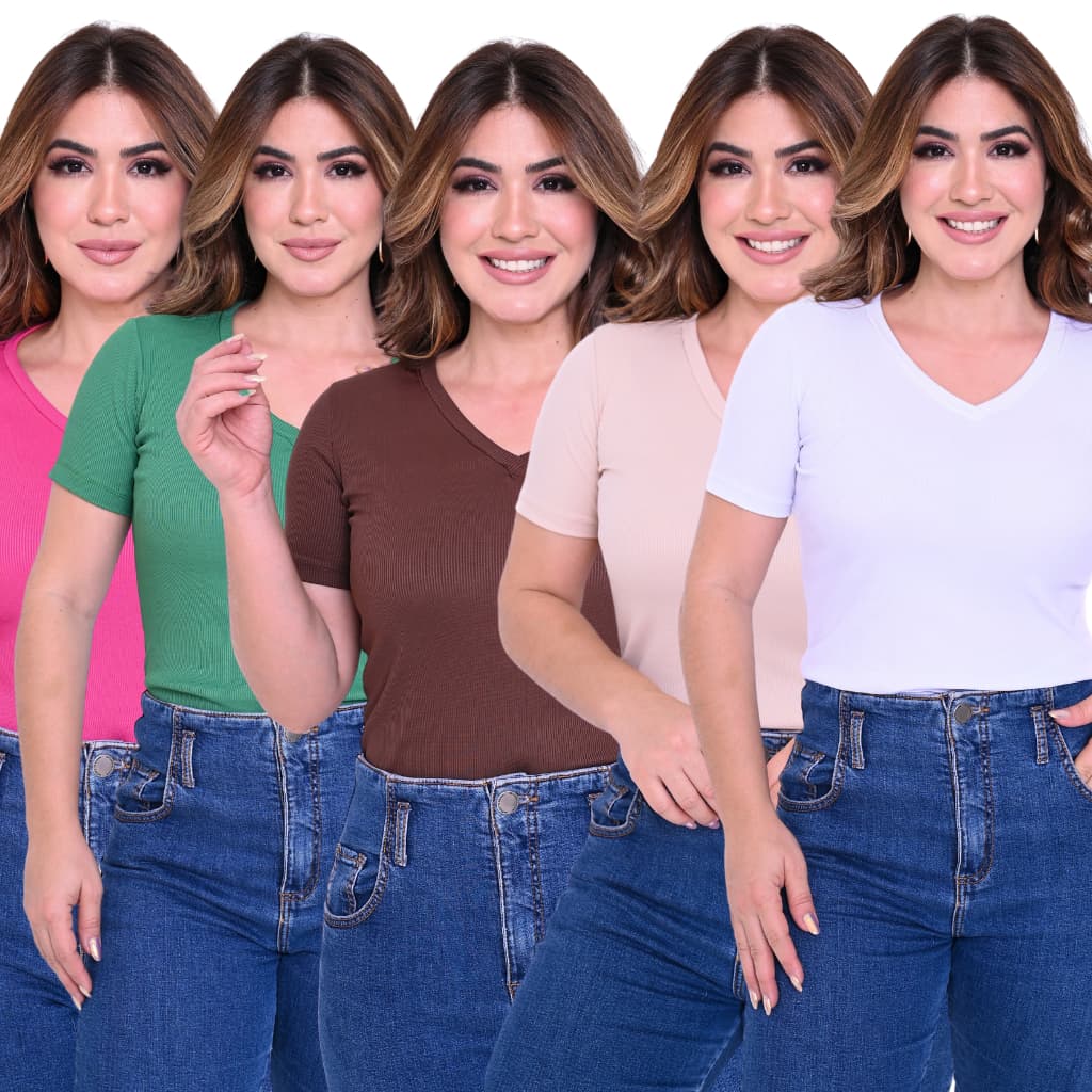 T-SHIRT KIT COM 5 BLUSINHAS CANELADAS MANGA CURTA PROMOÇÃO GOLA V DECOTE
