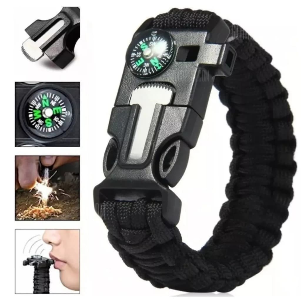 Bracelete Paracord Apito Bussola Sobrevivência Pederneira Magnésio