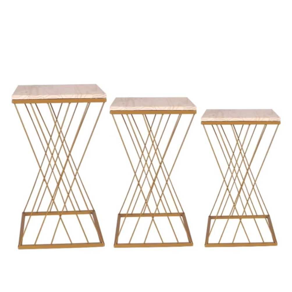Trio de Mesa Treliça Dourado com Tampo de Madeira