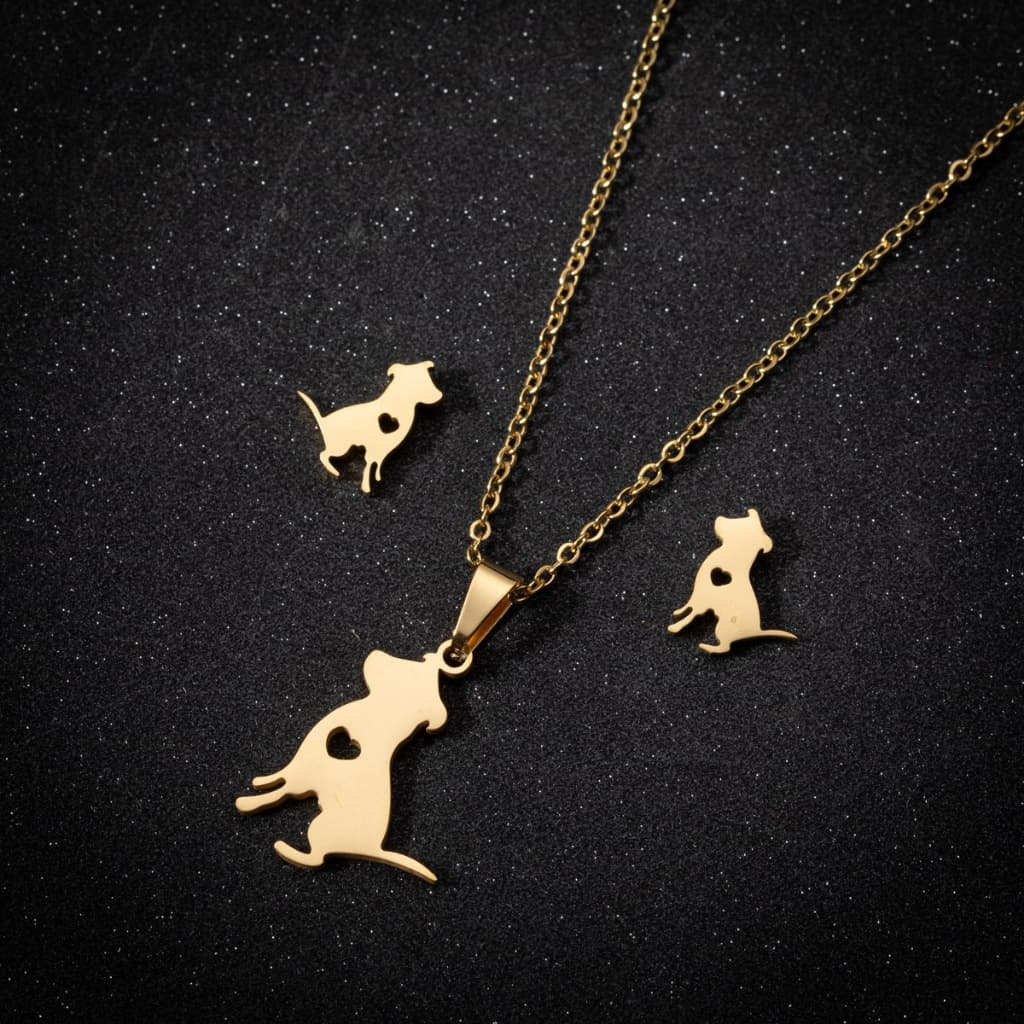 Colar e mini brinco Cachorro de aço inoxidável - Não enferruja - Animais dog Colar feminino