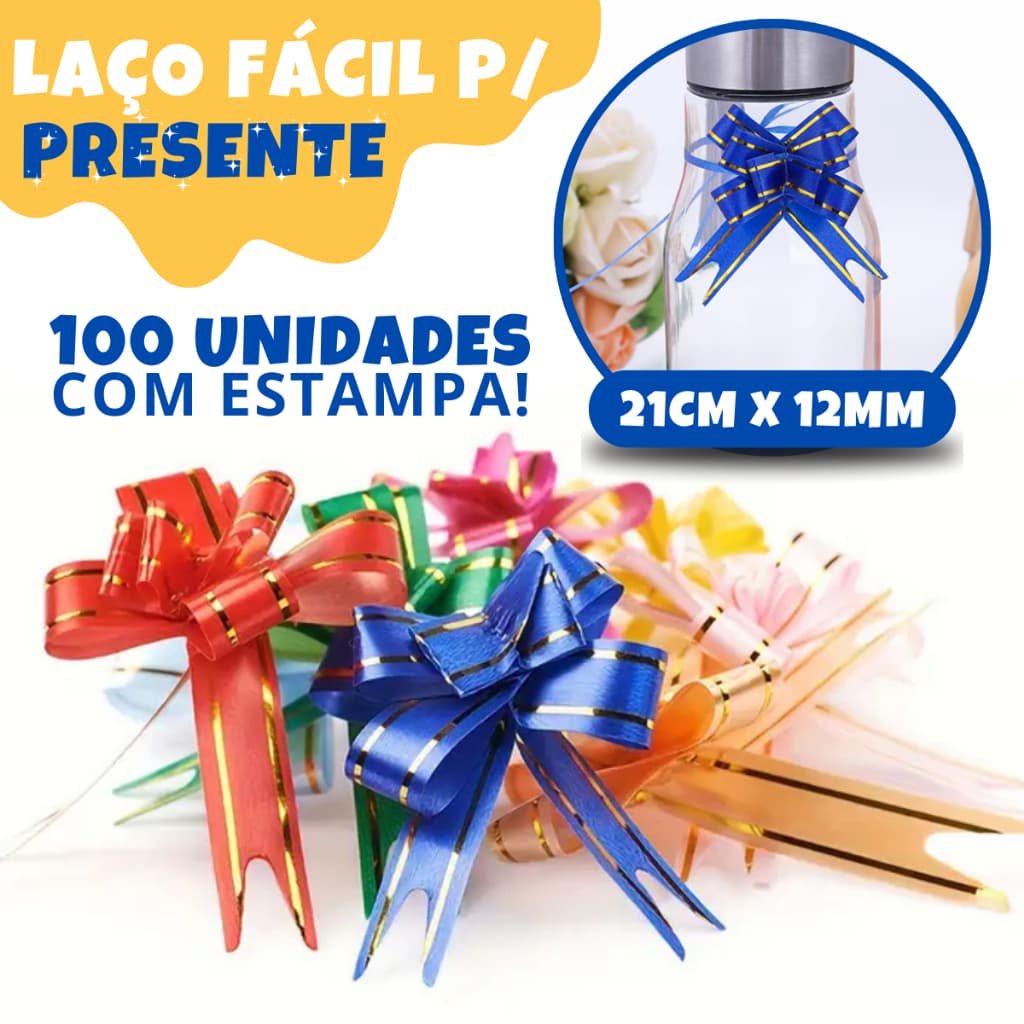 Kit 100 Laços Fácil Com Fitilho Dourado 12mm x 21cm Laço Mágico Pequeno Tamanho P Estampado