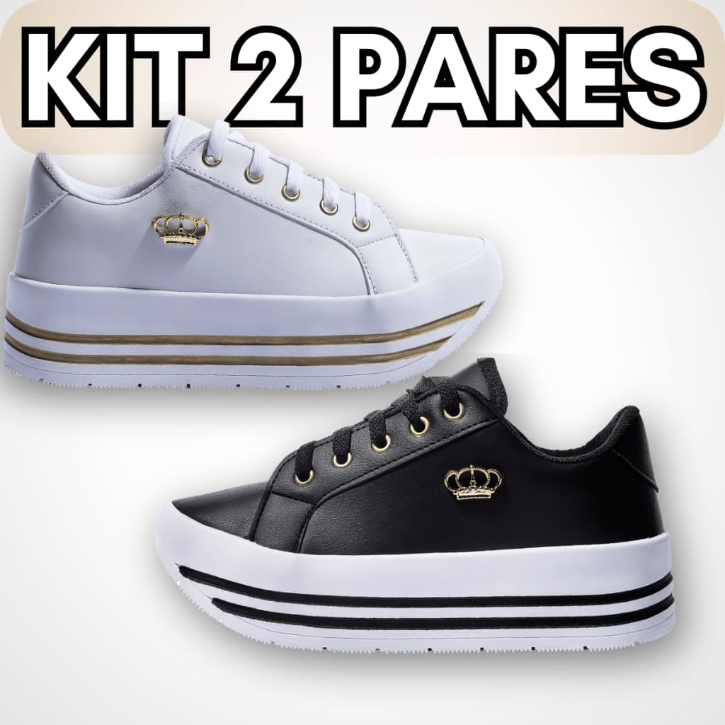 Kit Tenis Feminino Plataforma Preto Branco Casual Sola Alta Macio Confortável