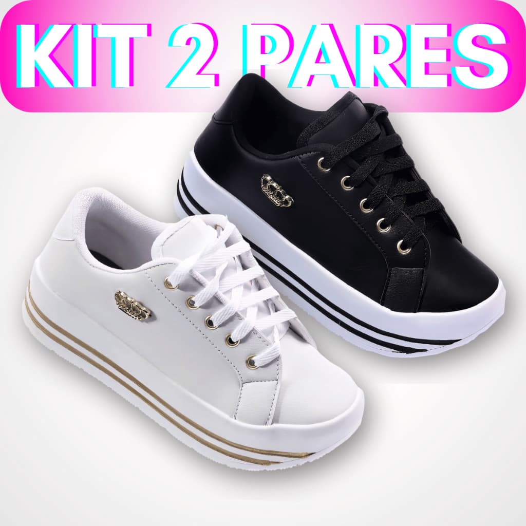 Kit Tenis Feminino Tênis Plataforma Preto Branco Casual Sola Alta Macio Confortável