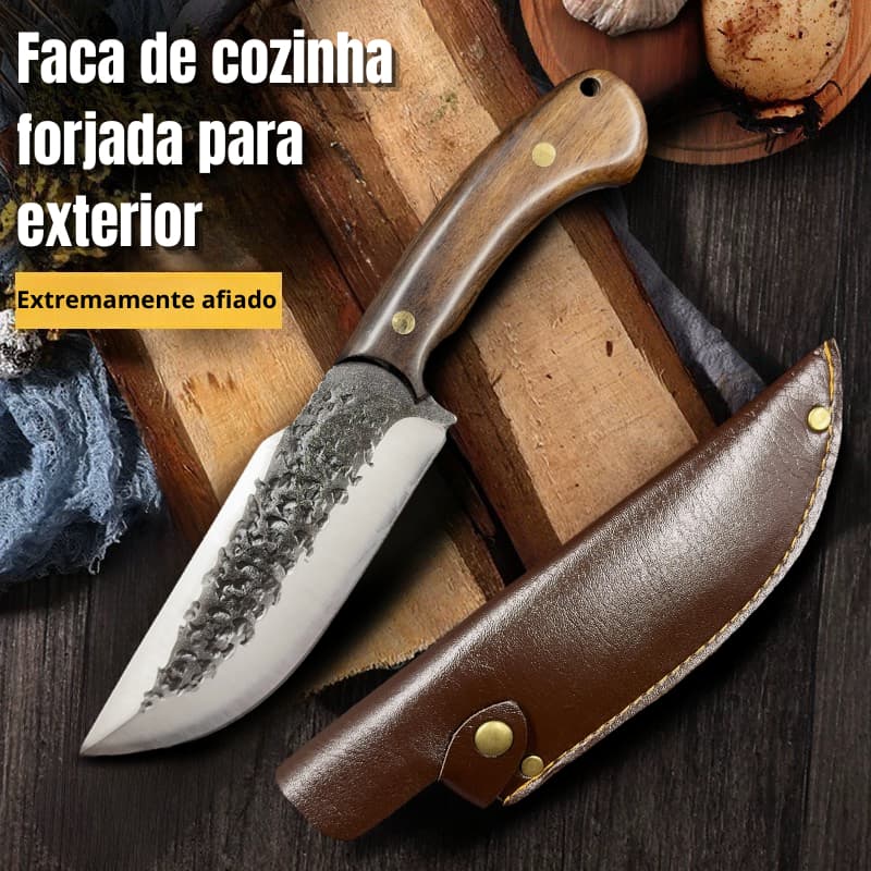 Cutelo Forjado Artesanal Rustico Camping Chefe de Cozinha e Bainha de Couro