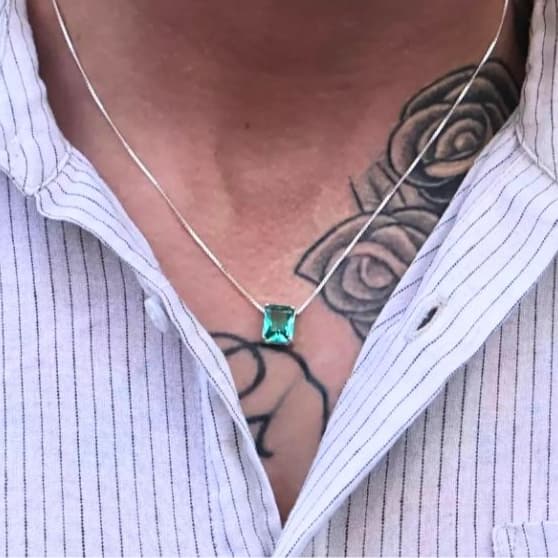 Colar Masculino de Prata 925 Pingente Cristal Verde Turquesa - Corrente Veneziana 50cm 60cm