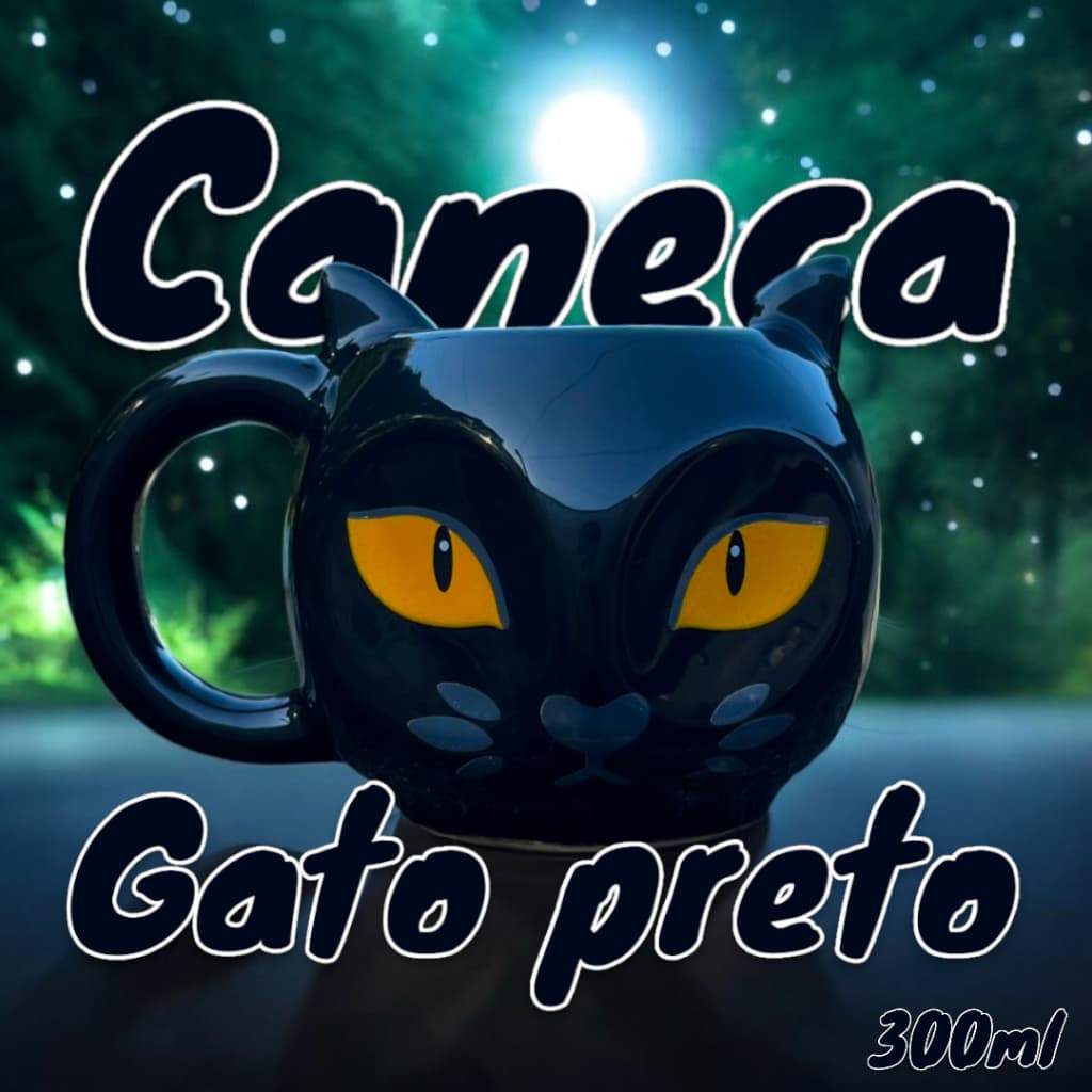 Caneca 3D Gato Preto Olhos Amarelos 300ml