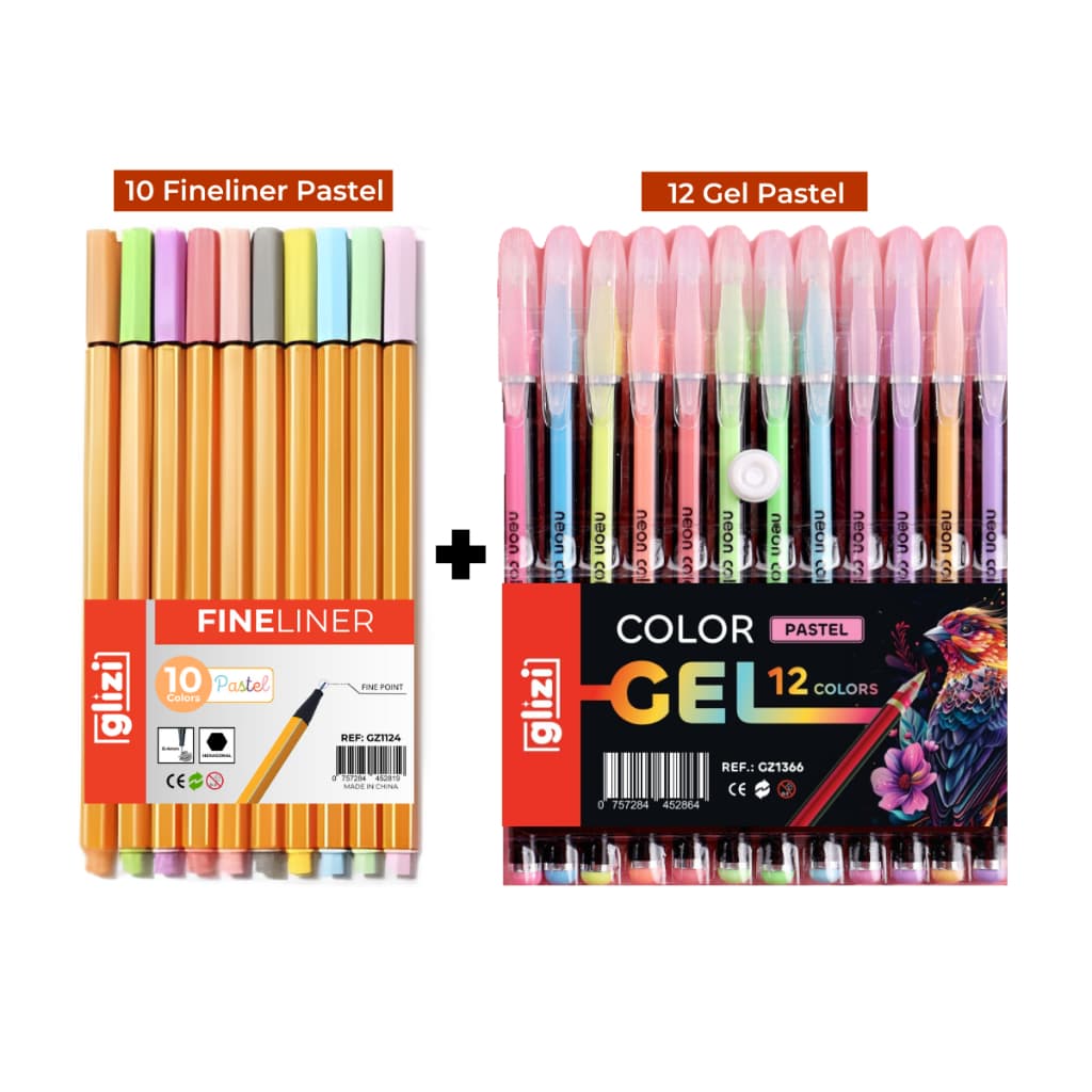 Kit Canetas Fineliner 10 Cores Tons Pastel + Canetas Gel 12 Cores Tons Pastel ou Neon Highlighter