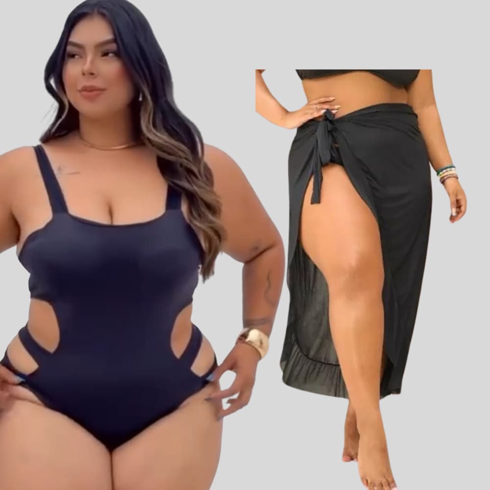 kit 2 peças Maiô plus size Feminino Engana Mamãe Com Bojo Suplex tamanho G1  Saias Plus Size Saída de Praia Pare